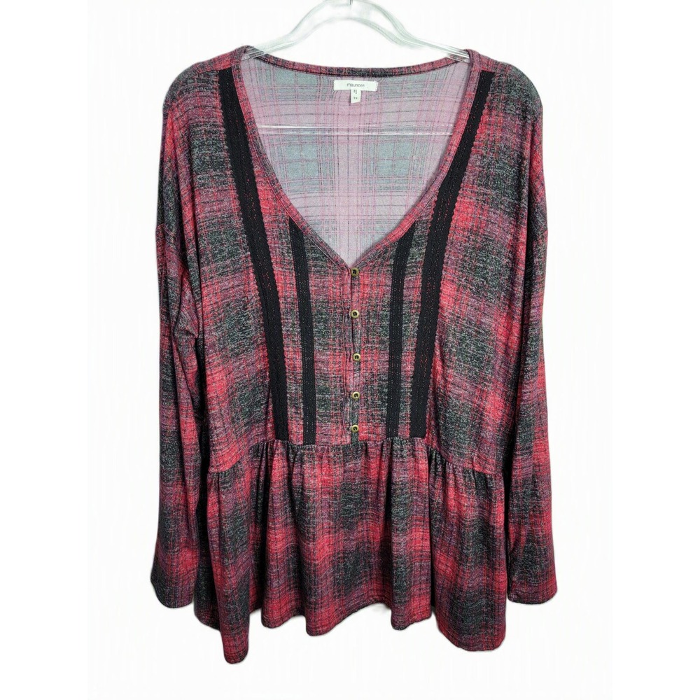 Maurices Womens 1X Peplum Top Red Black Plaid Lace Trim V-Neck Long Sleeve
